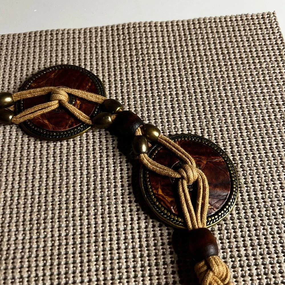 Vintage Boho Braided Cord Belt Tan Wood Bead Medallion Hook Closure 29.5 inch